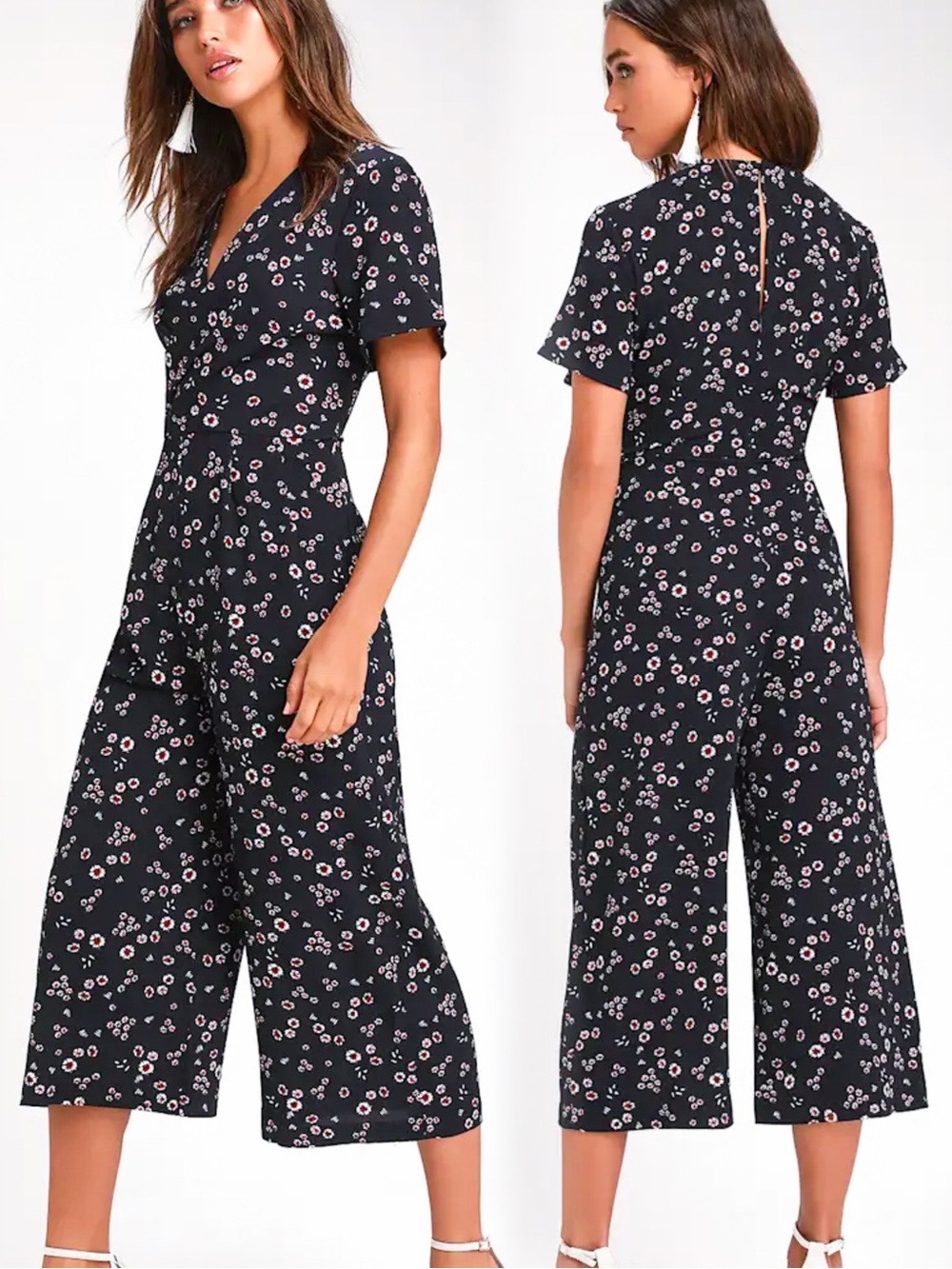 LUSH from Lulus Navy Floral Short Sleeve Culotte Jumpsuit